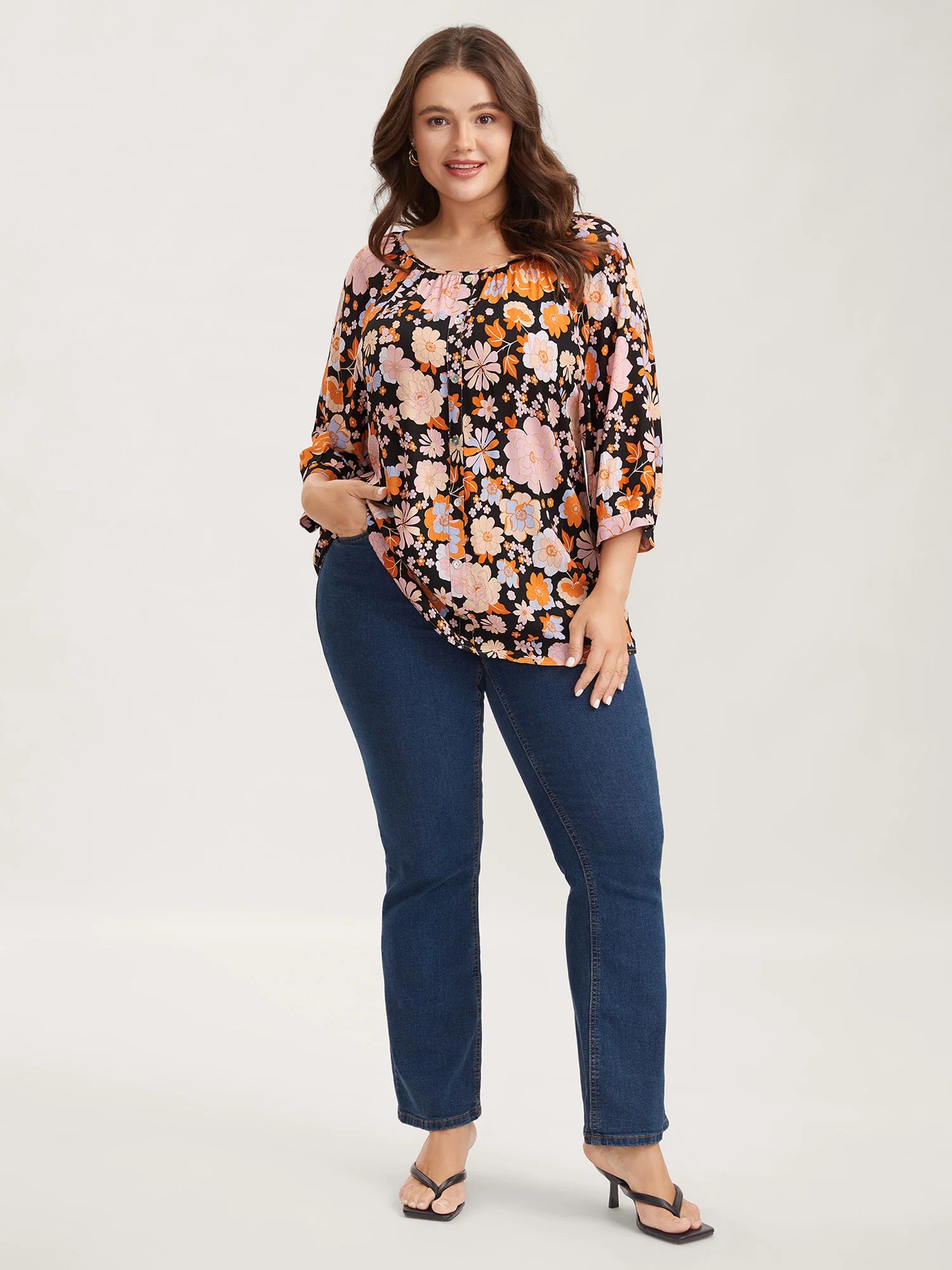 Floral Textured Button Placket Blouse - Image 3