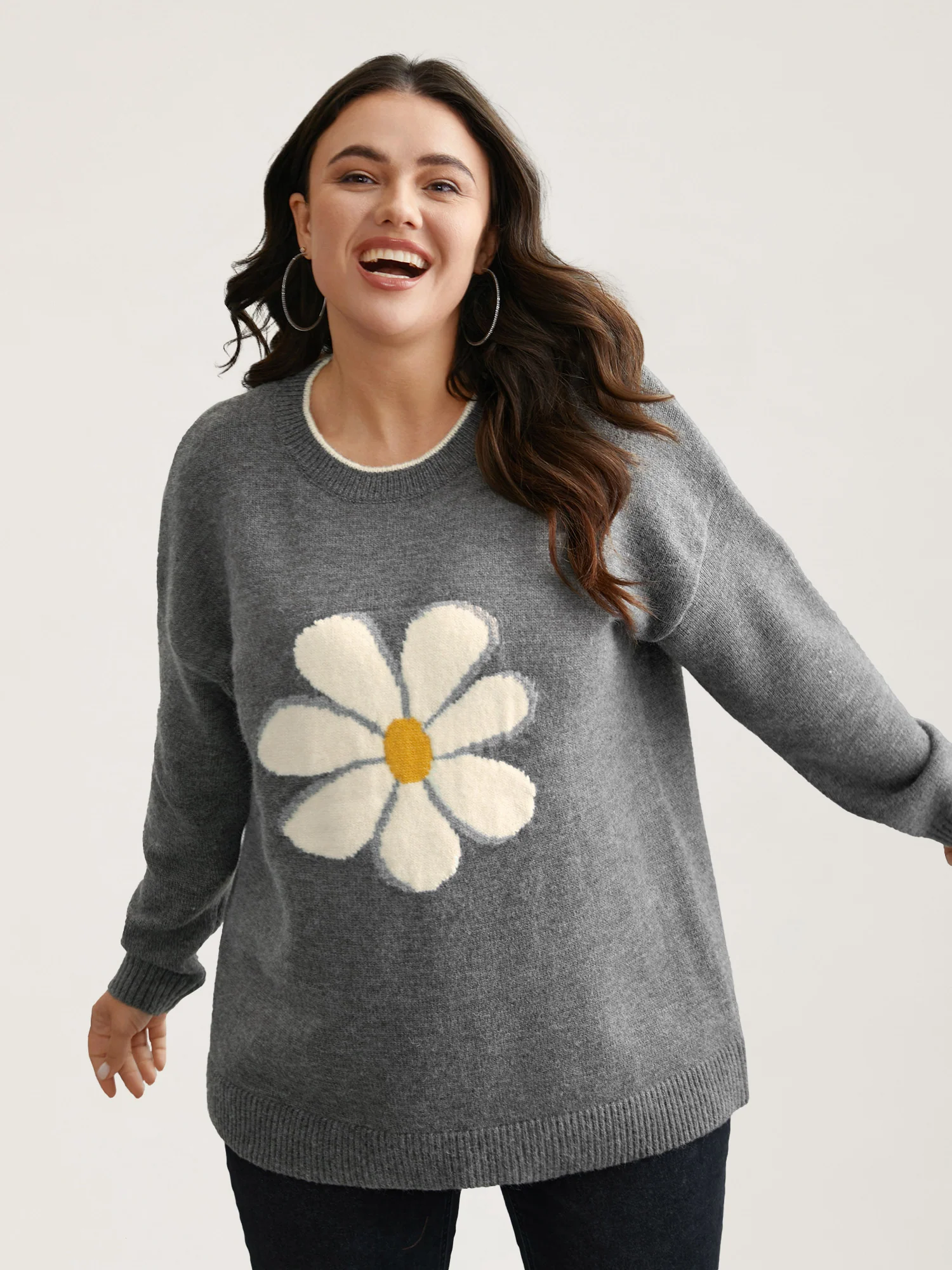 Floral Textured Crew Neck Pullover - Image 3
