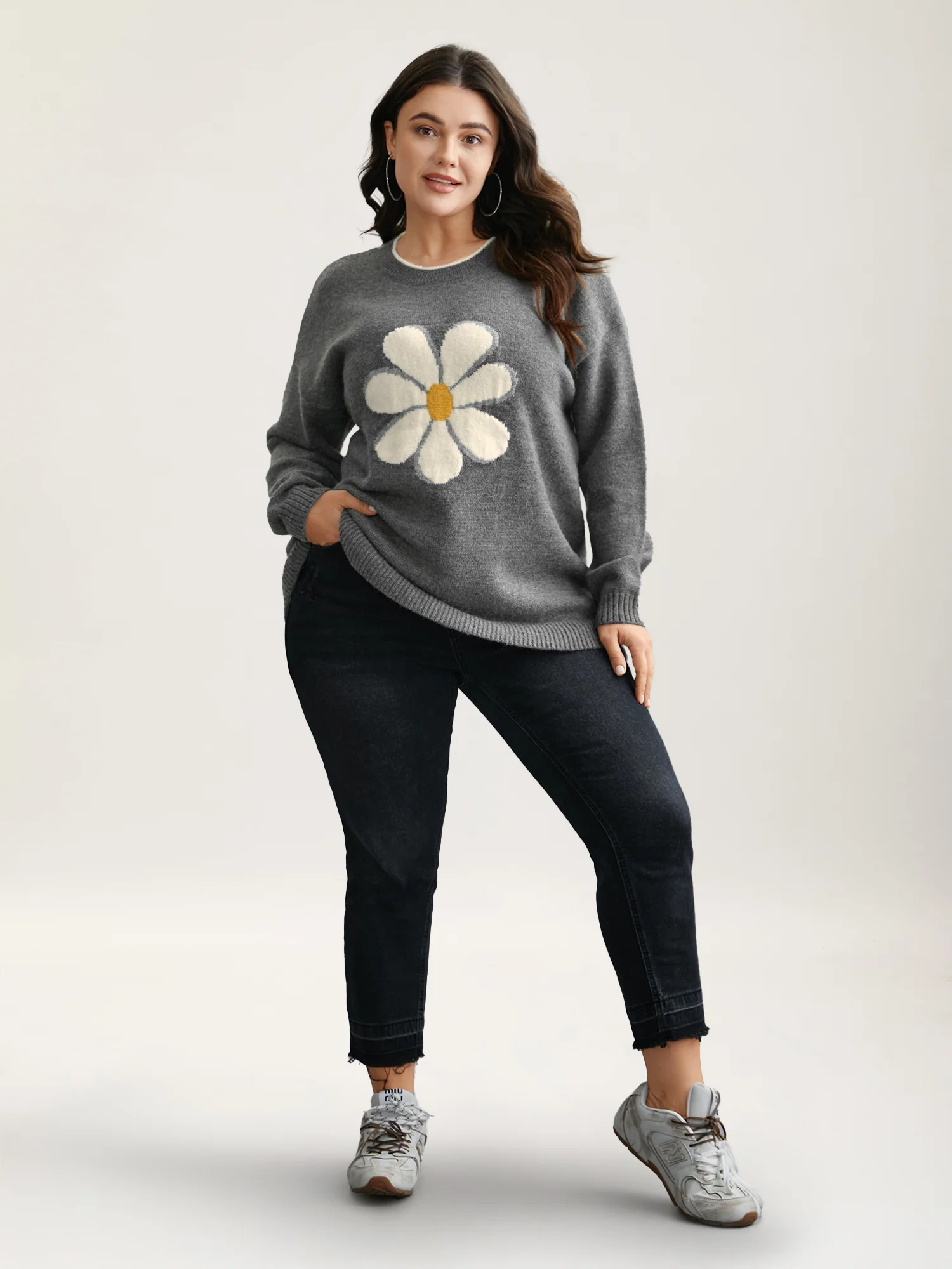 Floral Textured Crew Neck Pullover - Image 4