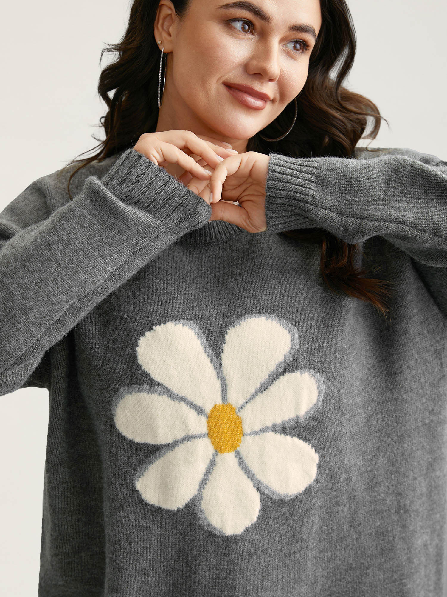 Floral Textured Crew Neck Pullover - Image 5