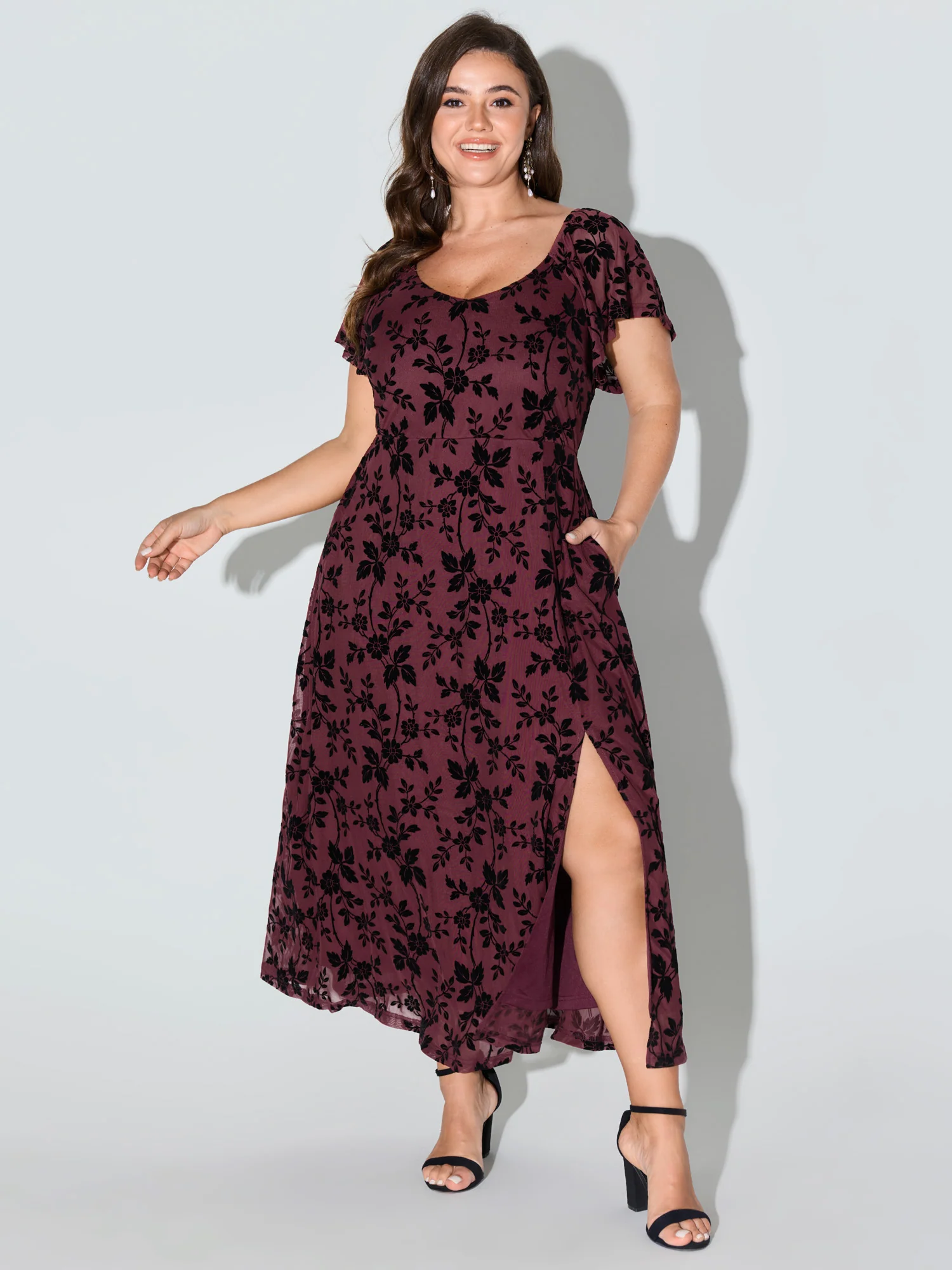 Floral Textured Jacquard Slit Hem Maxi Dress - Image 12
