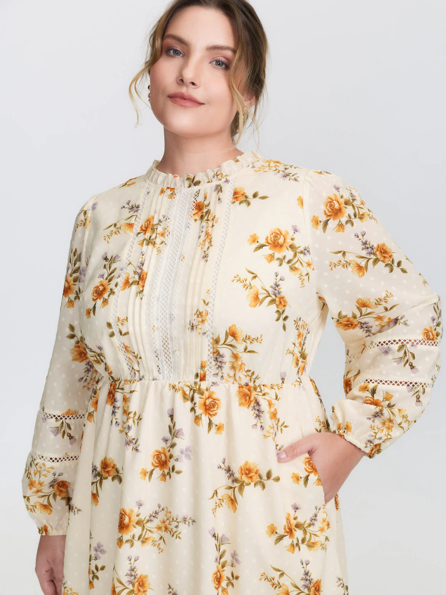 Floral Textured Lace Trim Flowy Midi Dress - Image 2