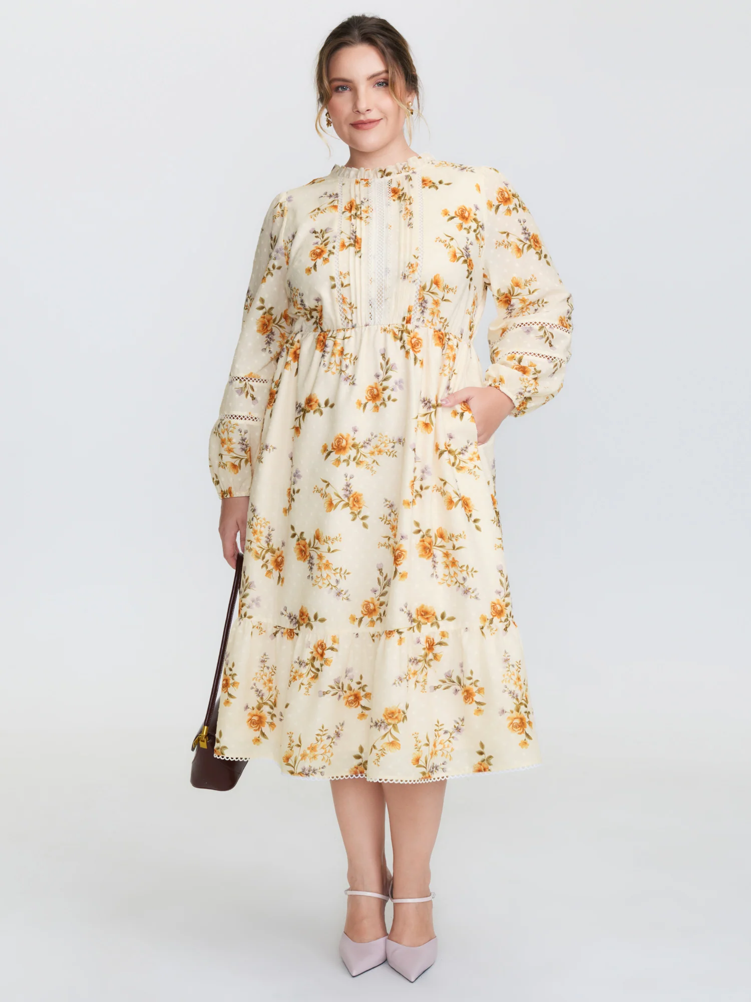 Floral Textured Lace Trim Flowy Midi Dress - Image 3