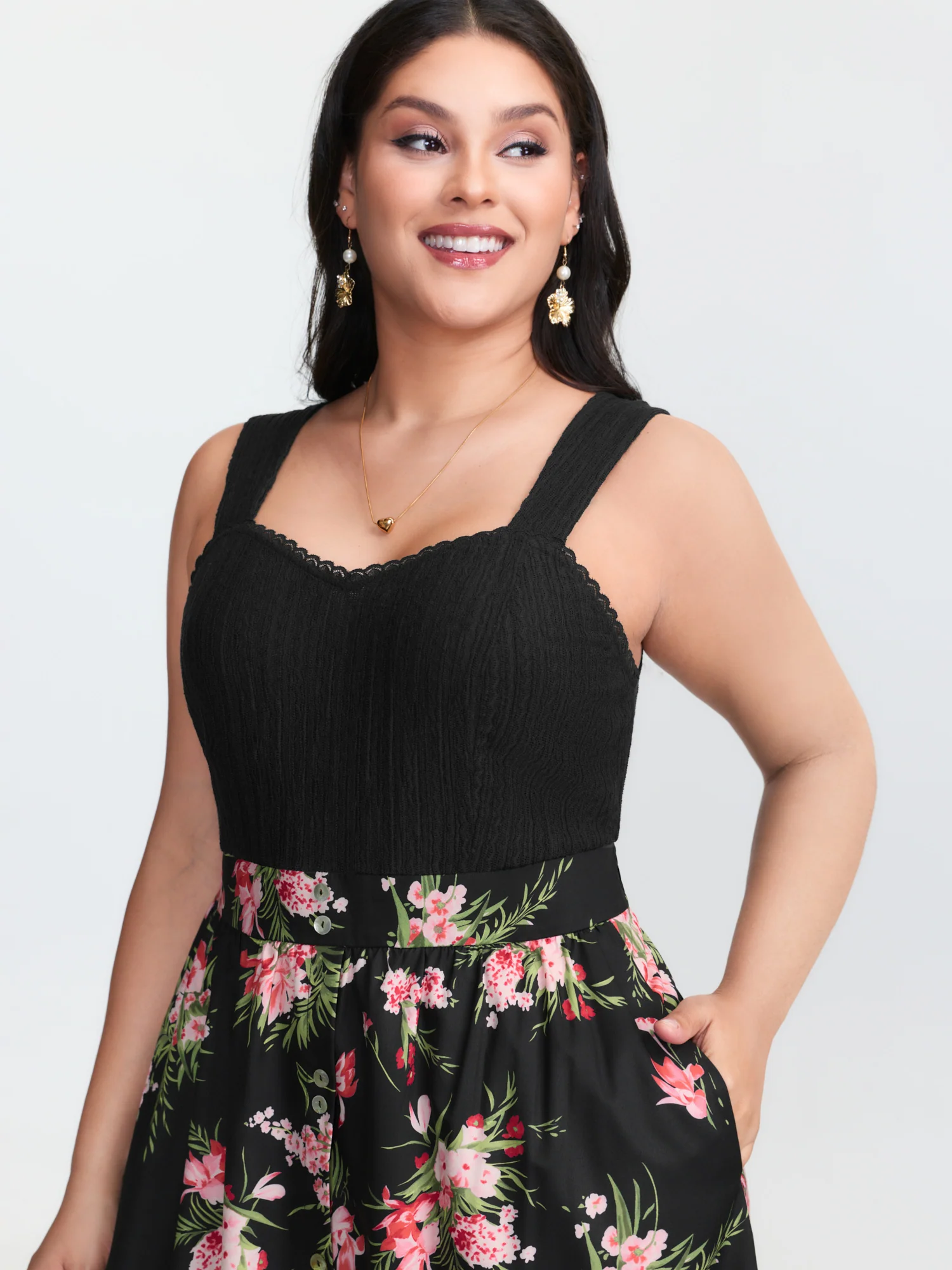 Floral Textured Lace Trim Slit Midi Dress - Image 2