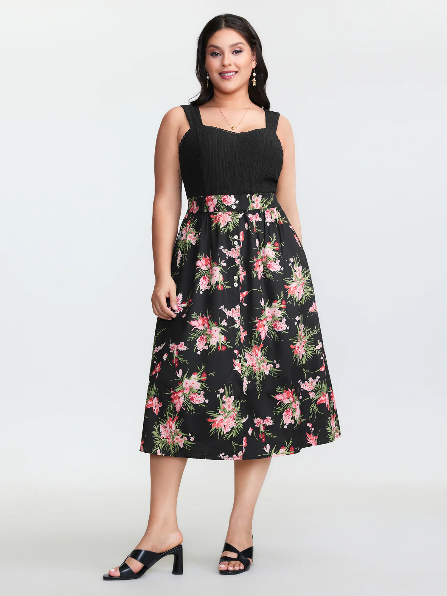 Floral Textured Lace Trim Slit Midi Dress - Image 3