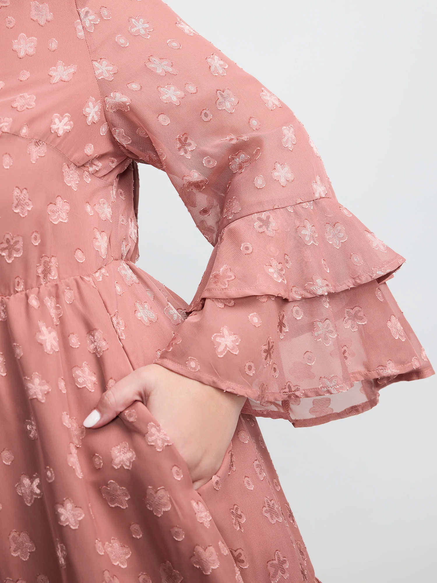 Floral Textured Layered Sleeve Sheer Mini Dress - Image 2