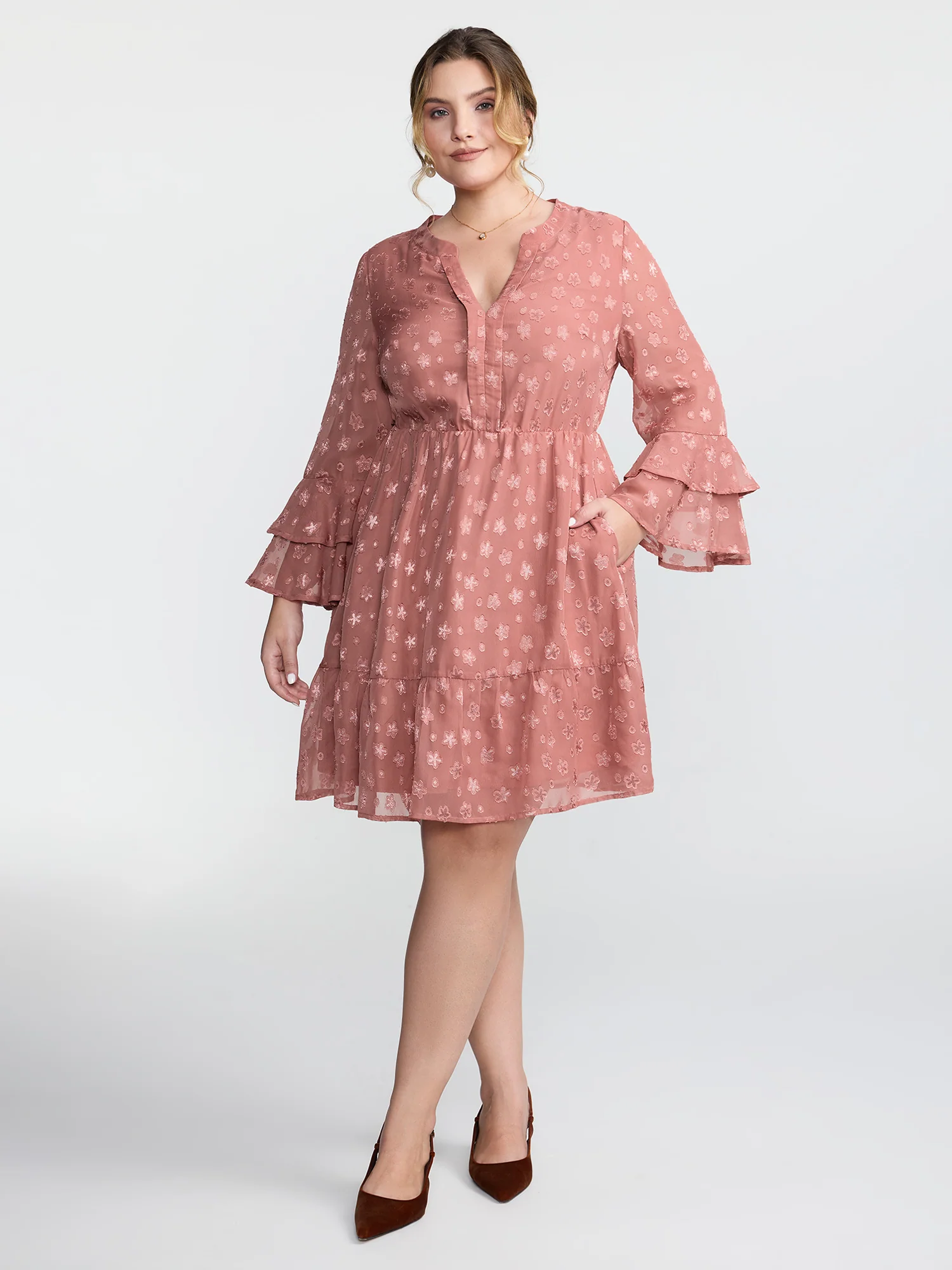 Floral Textured Layered Sleeve Sheer Mini Dress - Image 3