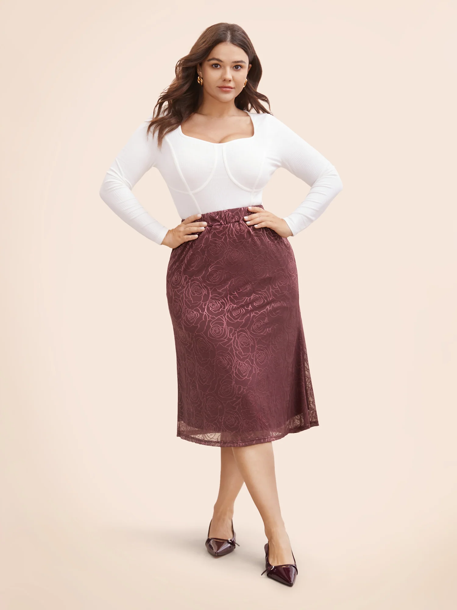 Floral Textured Mesh Elastic Waist Skirt - Image 3