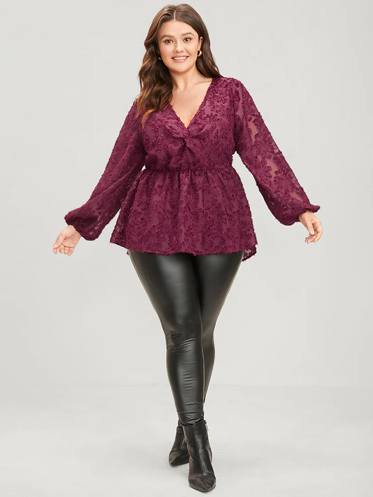 Floral Textured Mesh Lantern Sleeve Twist Front Blouse - Image 2