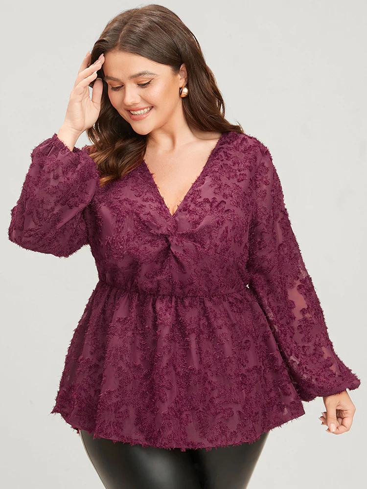 Floral Textured Mesh Lantern Sleeve Twist Front Blouse - Image 3