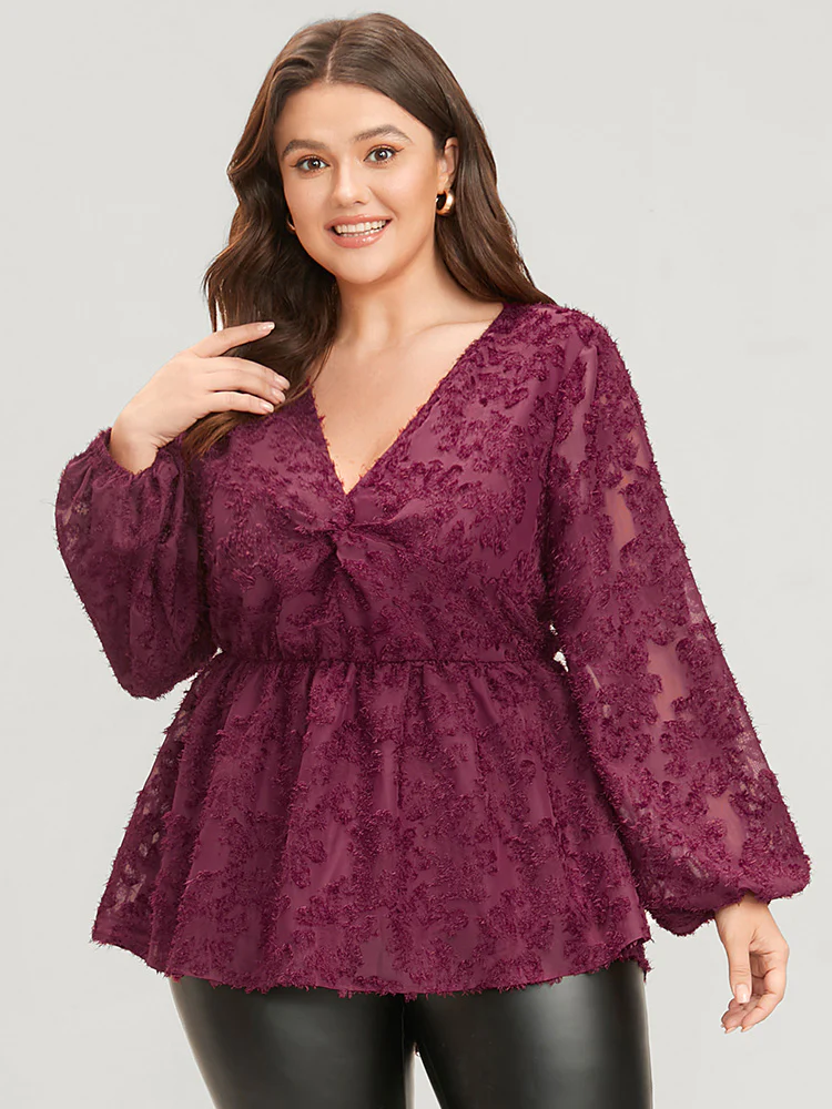 Floral Textured Mesh Lantern Sleeve Twist Front Blouse - Image 4