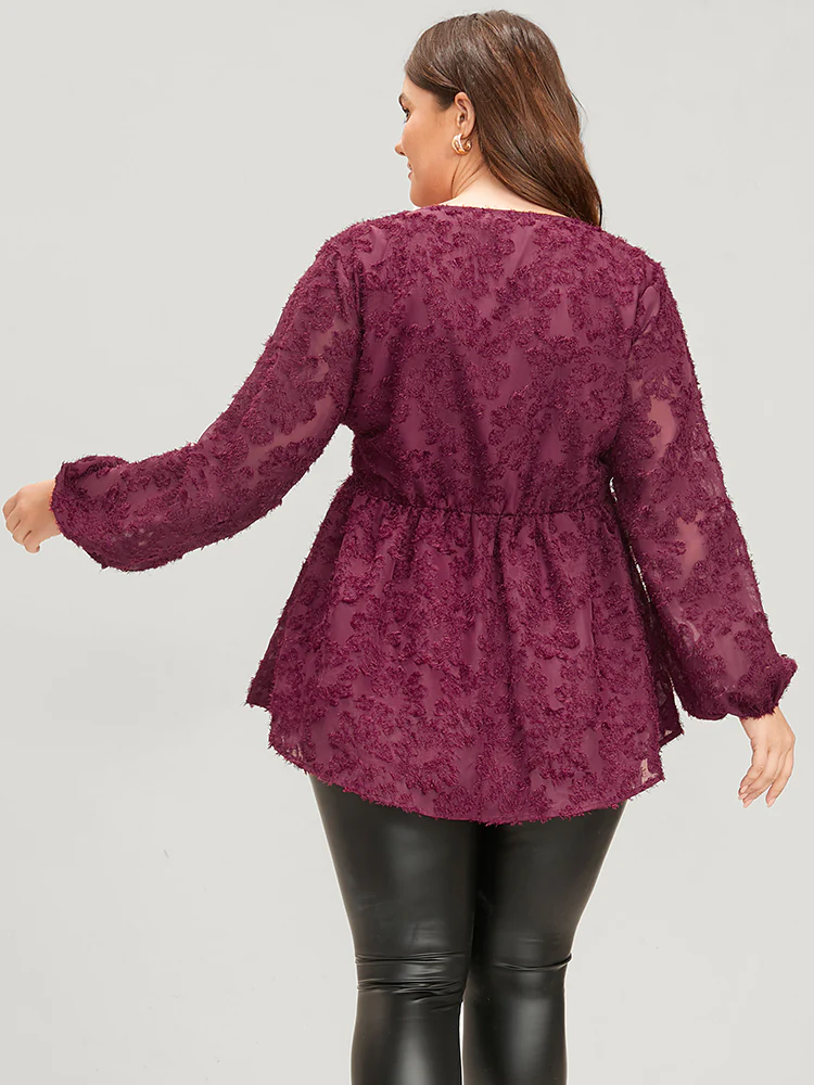 Floral Textured Mesh Lantern Sleeve Twist Front Blouse - Image 5