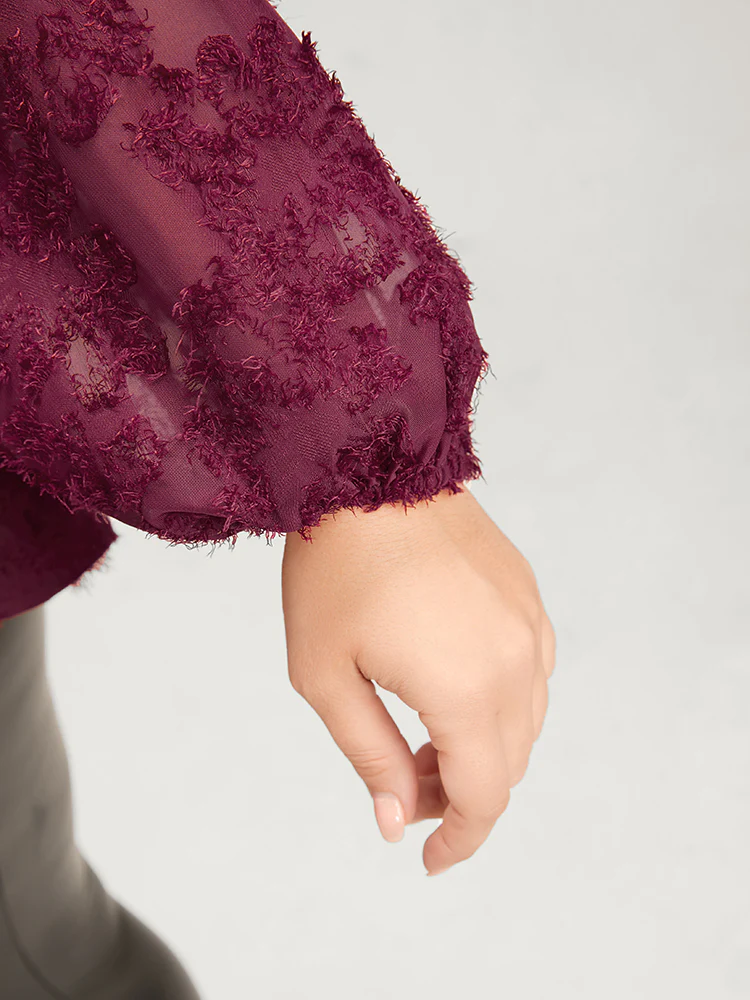 Floral Textured Mesh Lantern Sleeve Twist Front Blouse - Image 6