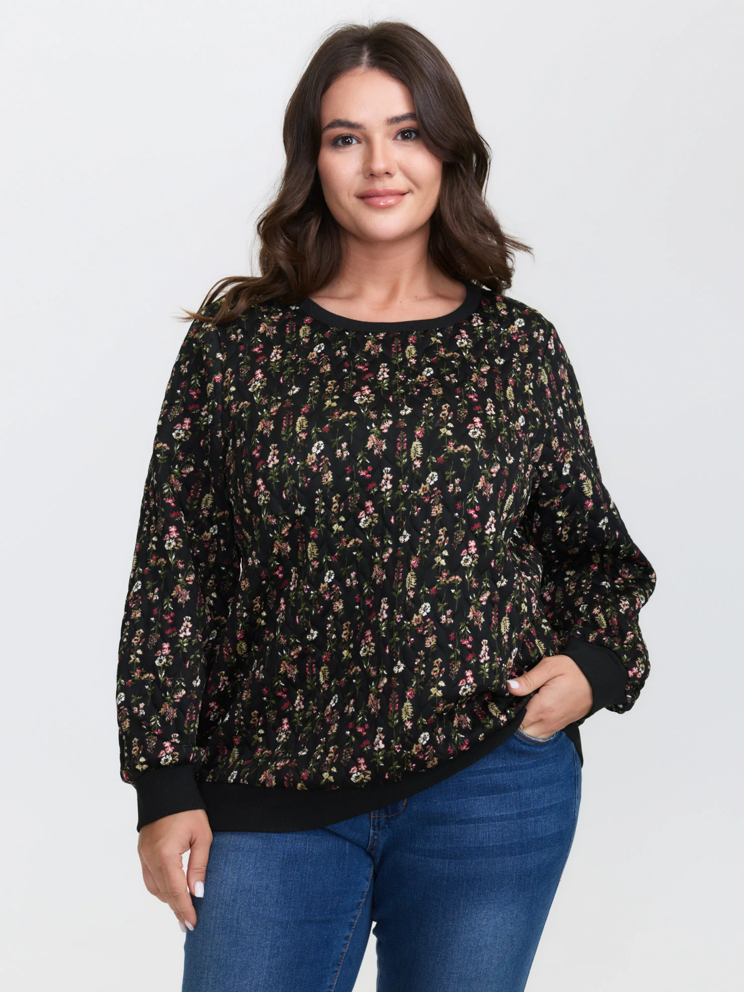 Floral Textured Round Neck Sweatshirt - Image 2