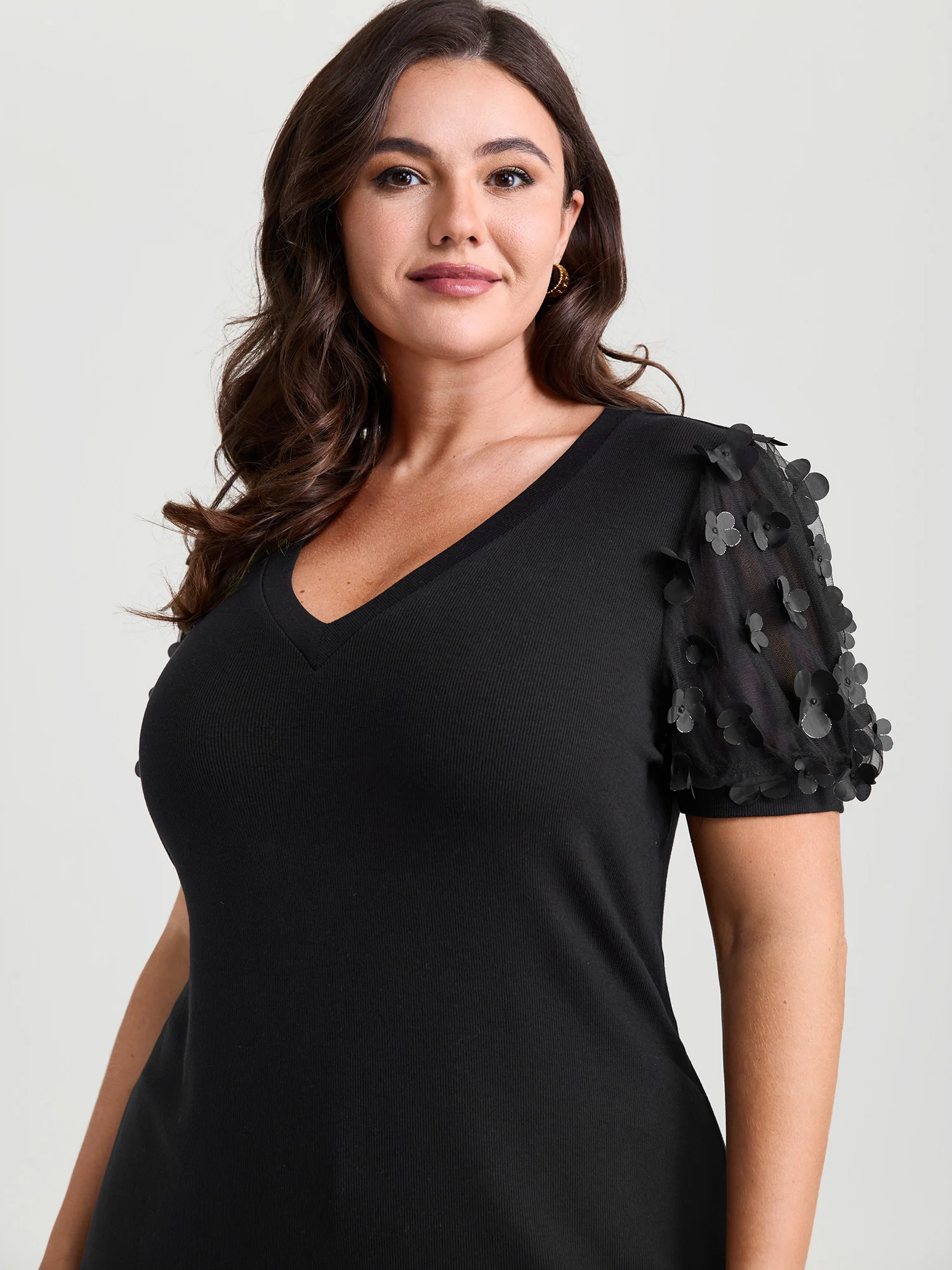 Floral Textured Sheer Sleeve V-Neck Blouse