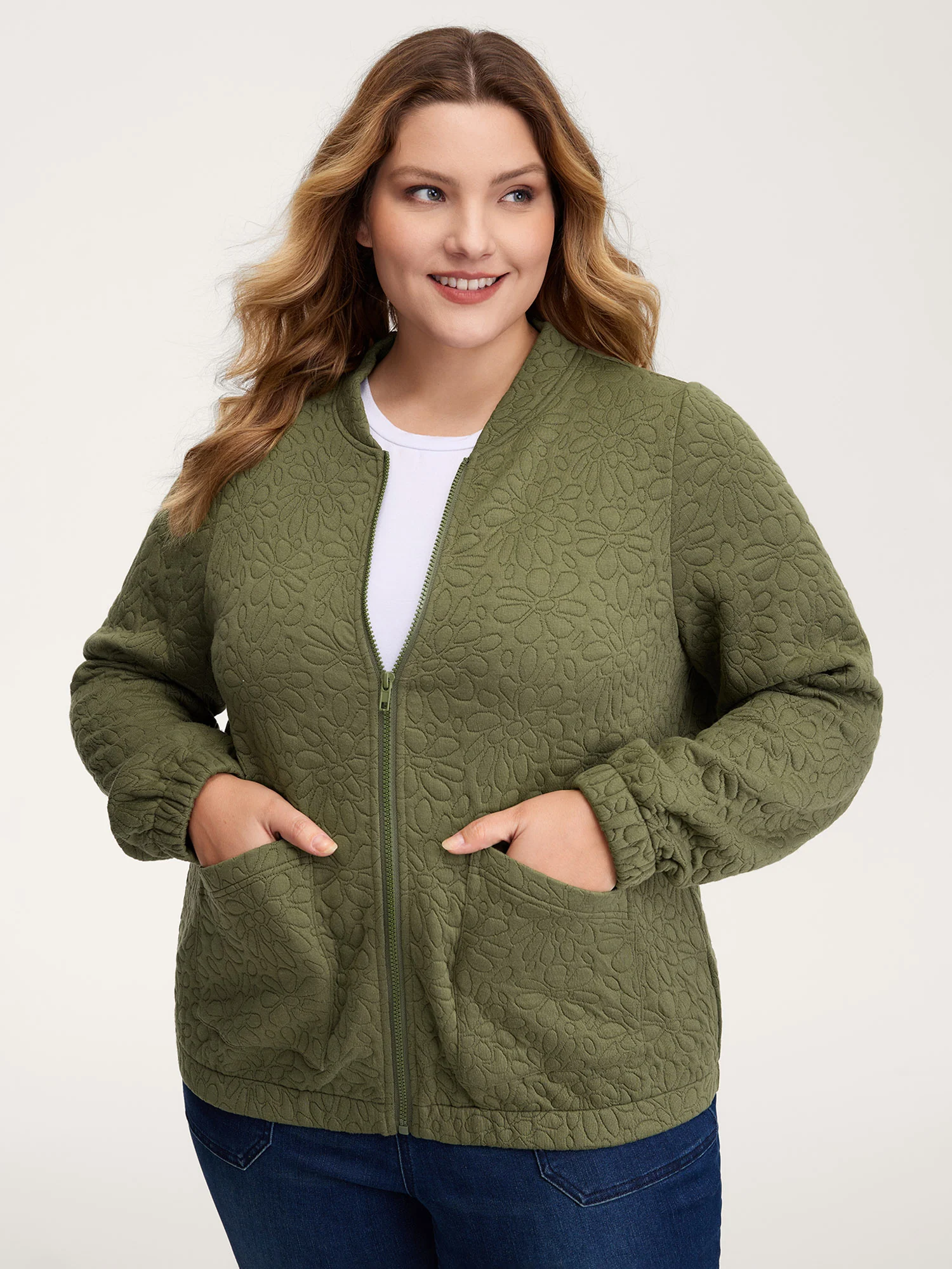 Floral Textured Zipper Front Jacket - Image 2