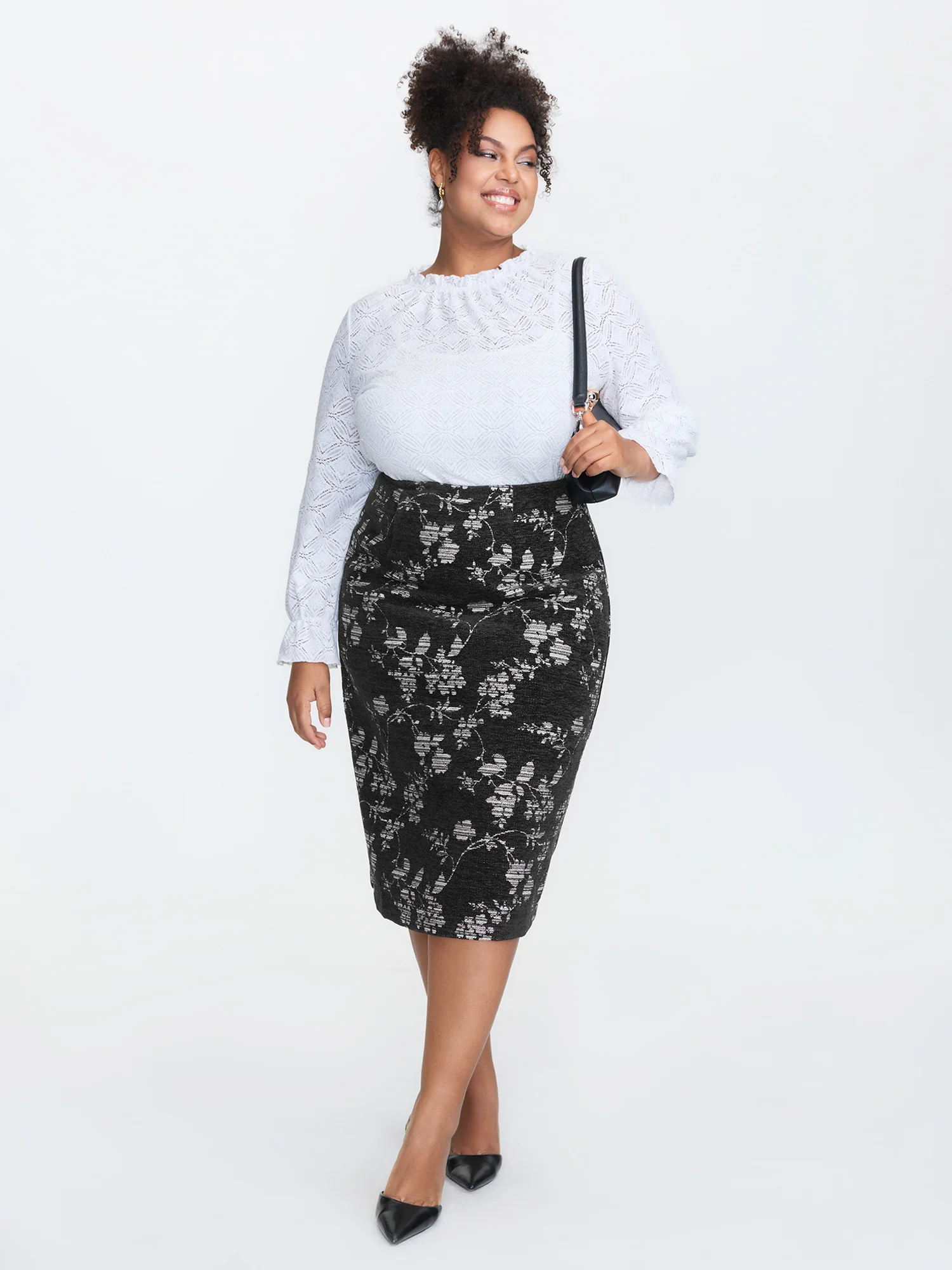 Floral Textured Zipper Midi Pencil Skirt - Image 2