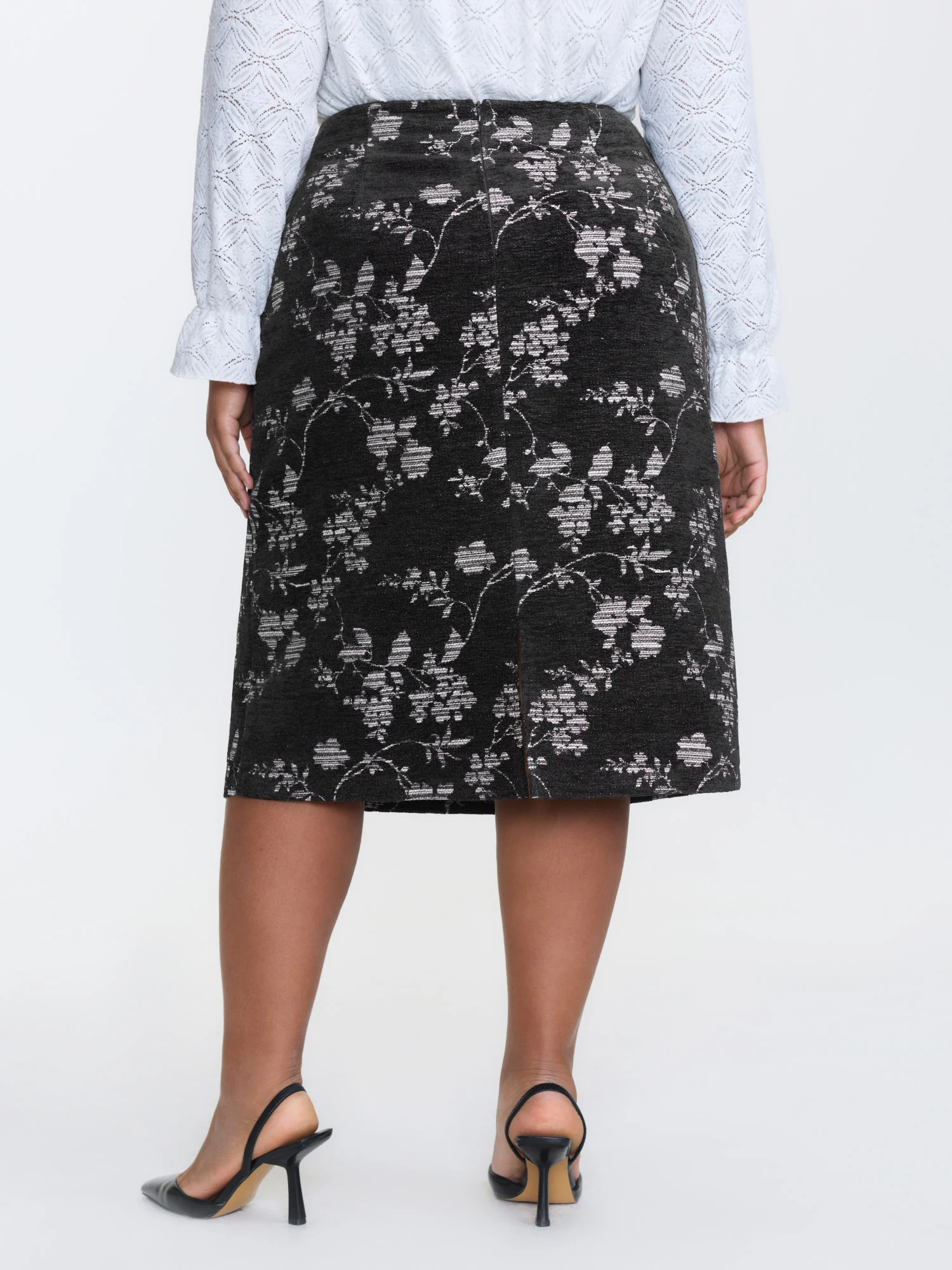 Floral Textured Zipper Midi Pencil Skirt - Image 4