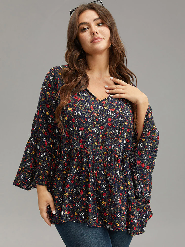 Floral Tie Neck Frill Trim Bell Sleeve Blouse - Image 2