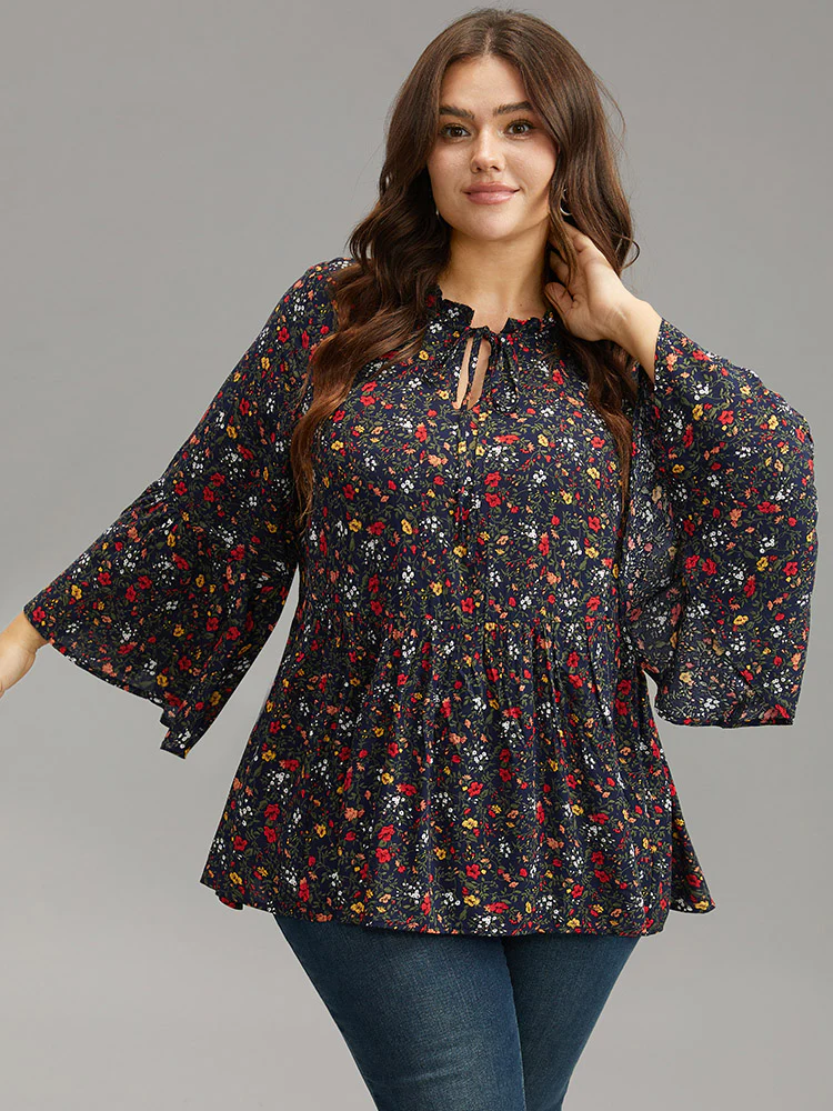 Floral Tie Neck Frill Trim Bell Sleeve Blouse - Image 3