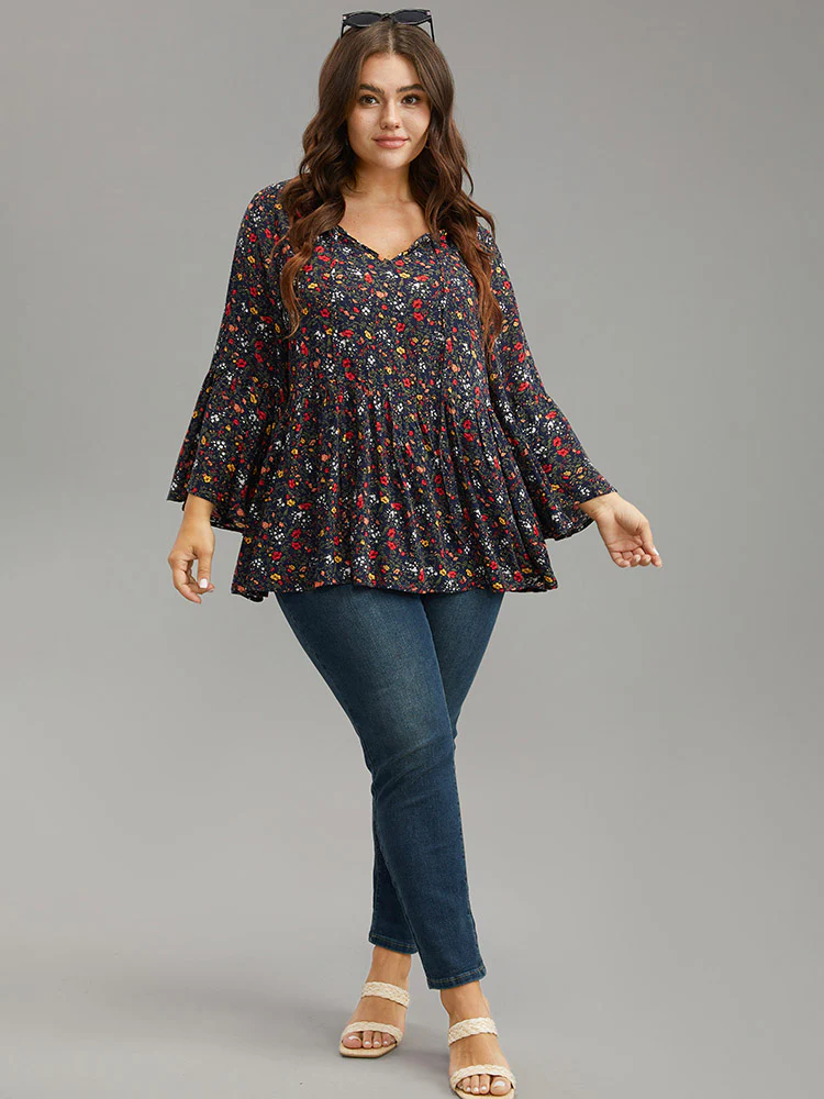 Floral Tie Neck Frill Trim Bell Sleeve Blouse - Image 4
