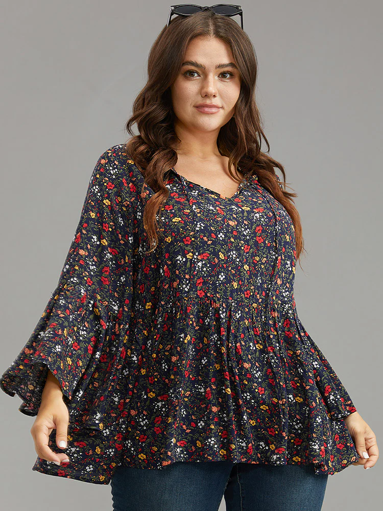 Floral Tie Neck Frill Trim Bell Sleeve Blouse - Image 5