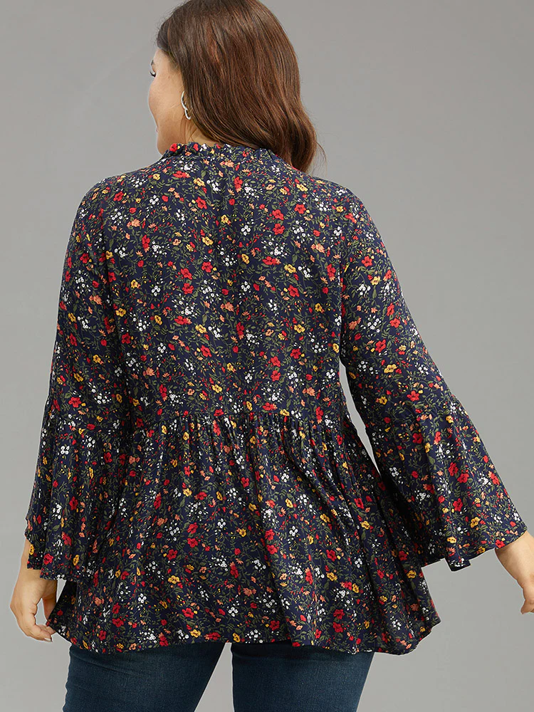 Floral Tie Neck Frill Trim Bell Sleeve Blouse - Image 6