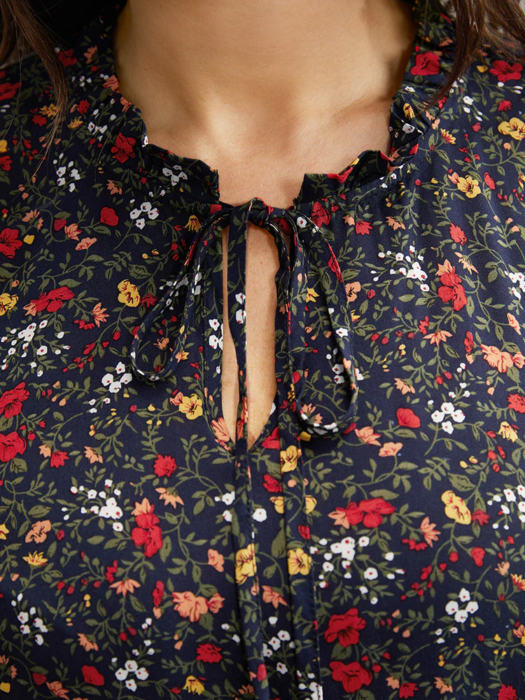 Floral Tie Neck Frill Trim Bell Sleeve Blouse - Image 7