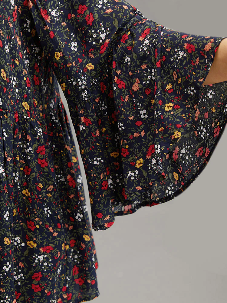 Floral Tie Neck Frill Trim Bell Sleeve Blouse - Image 8