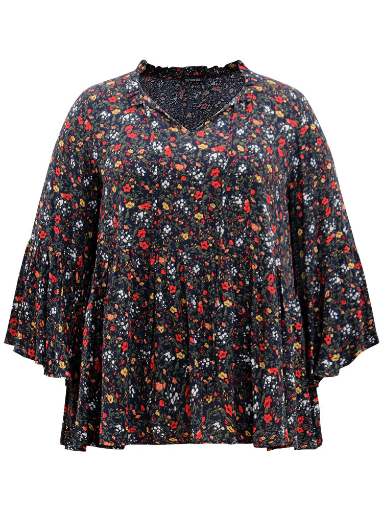 Floral Tie Neck Frill Trim Bell Sleeve Blouse - Image 9