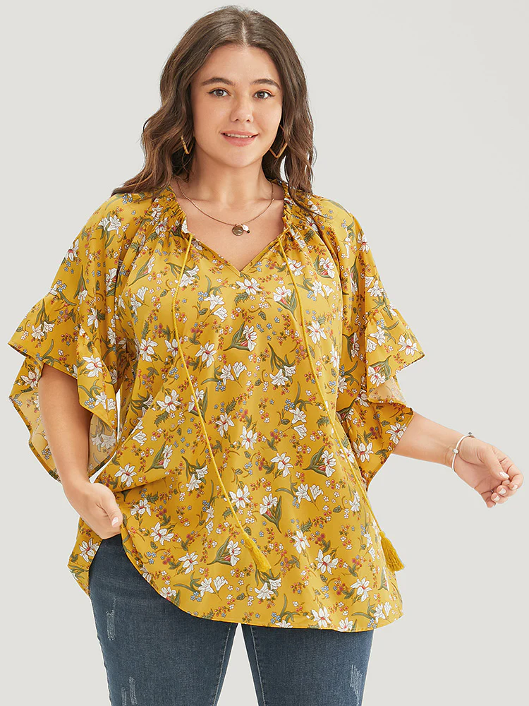 Floral Tie Neck Tassels Frill Trim Ruffle Sleeve Blouse - Image 2