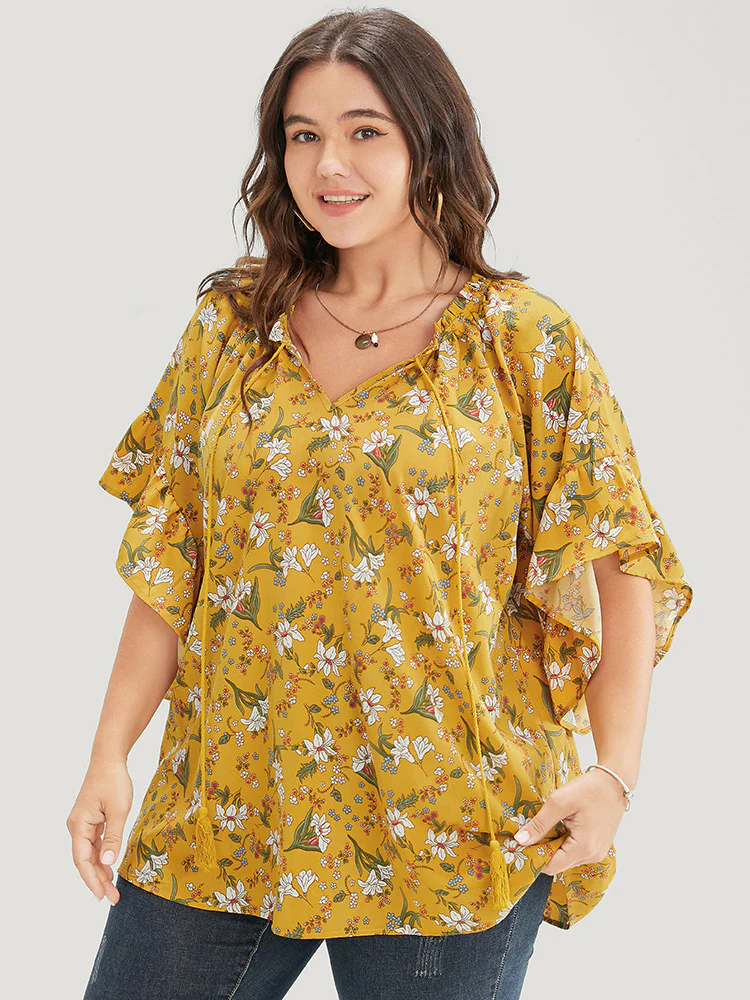 Floral Tie Neck Tassels Frill Trim Ruffle Sleeve Blouse - Image 3