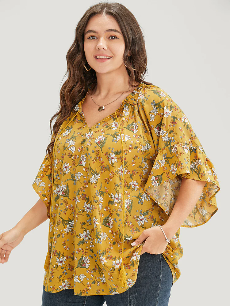 Floral Tie Neck Tassels Frill Trim Ruffle Sleeve Blouse - Image 4