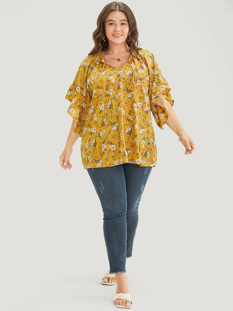 Floral Tie Neck Tassels Frill Trim Ruffle Sleeve Blouse - Image 5