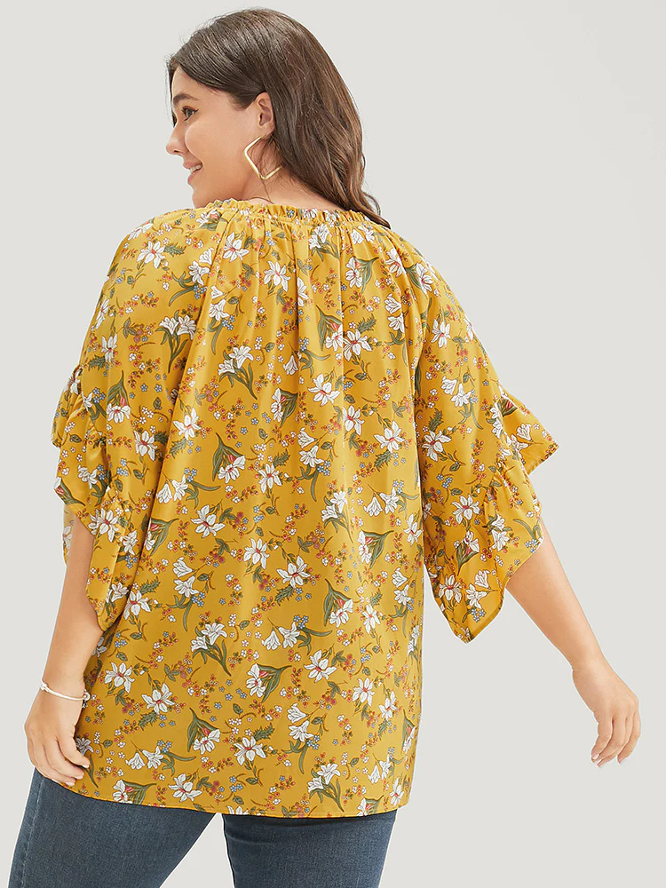 Floral Tie Neck Tassels Frill Trim Ruffle Sleeve Blouse - Image 6