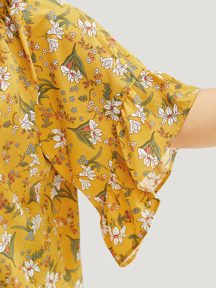 Floral Tie Neck Tassels Frill Trim Ruffle Sleeve Blouse - Image 7