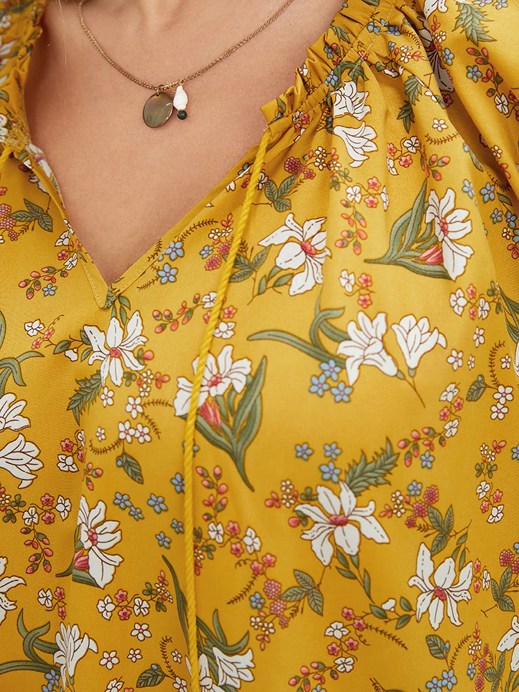 Floral Tie Neck Tassels Frill Trim Ruffle Sleeve Blouse - Image 8