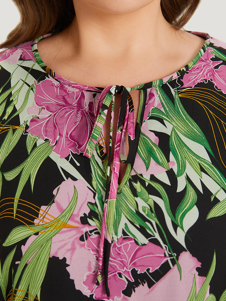 Floral Ties Batwing Sleeve Hanky Hem Layered Blouse - Image 10
