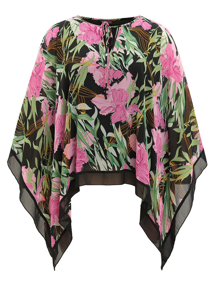 Floral Ties Batwing Sleeve Hanky Hem Layered Blouse - Image 12