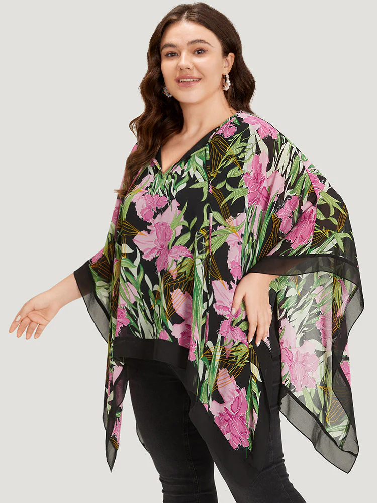 Floral Ties Batwing Sleeve Hanky Hem Layered Blouse - Image 2