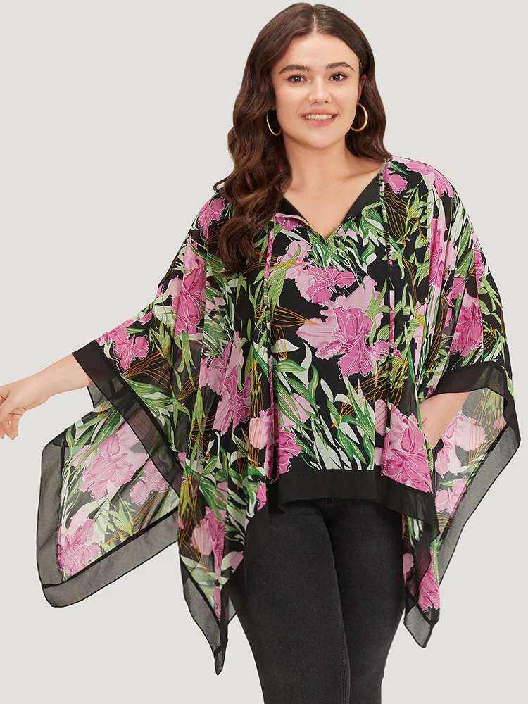 Floral Ties Batwing Sleeve Hanky Hem Layered Blouse - Image 3