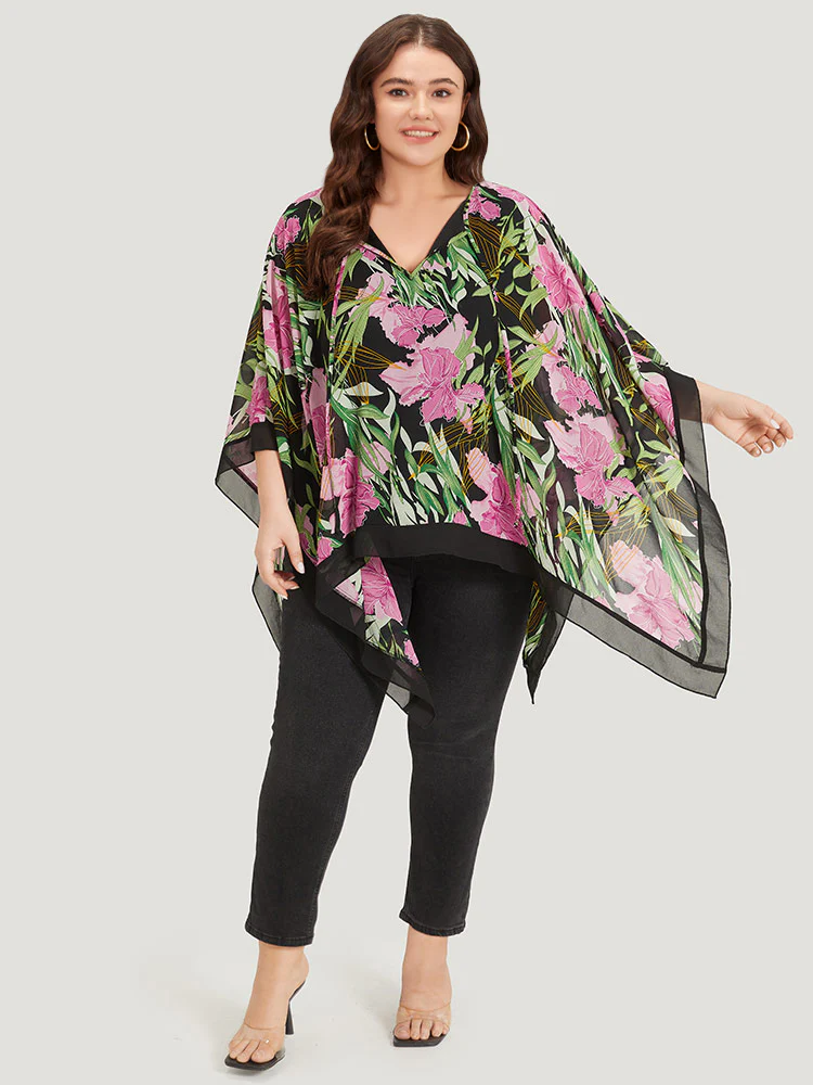 Floral Ties Batwing Sleeve Hanky Hem Layered Blouse - Image 4