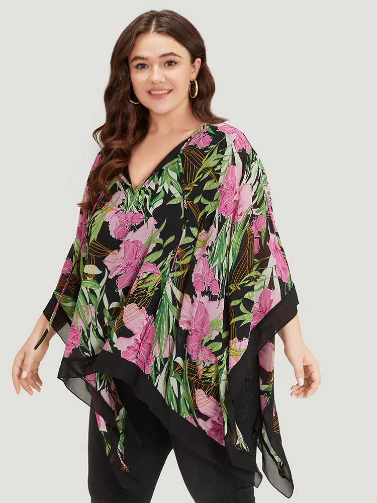 Floral Ties Batwing Sleeve Hanky Hem Layered Blouse - Image 5