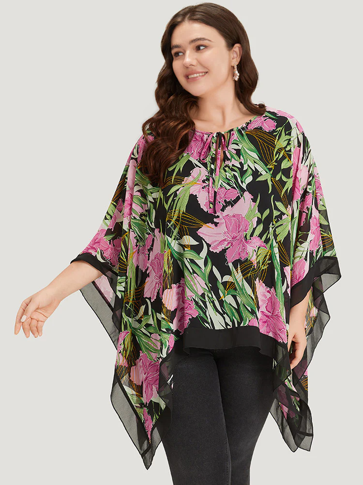 Floral Ties Batwing Sleeve Hanky Hem Layered Blouse - Image 6