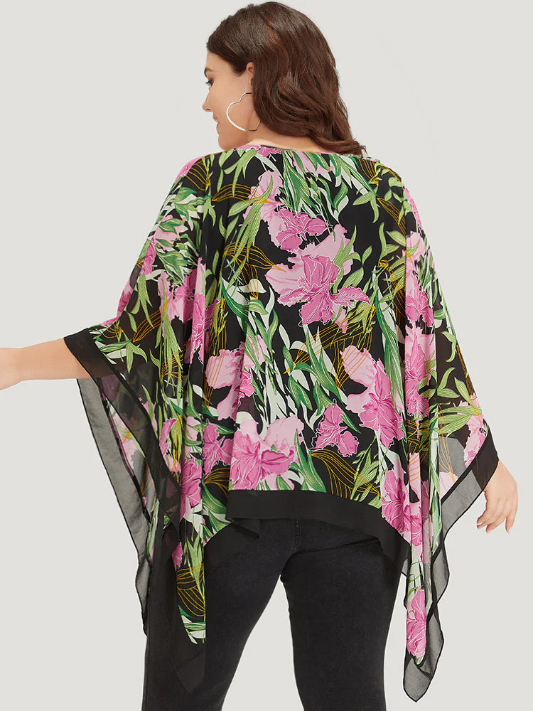 Floral Ties Batwing Sleeve Hanky Hem Layered Blouse - Image 7