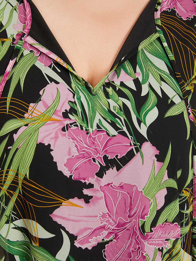 Floral Ties Batwing Sleeve Hanky Hem Layered Blouse - Image 8