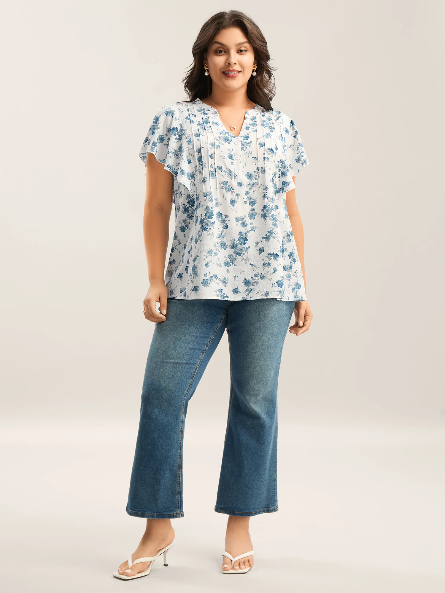 Floral Toothpick Pleat Sheer Blouse - Image 3