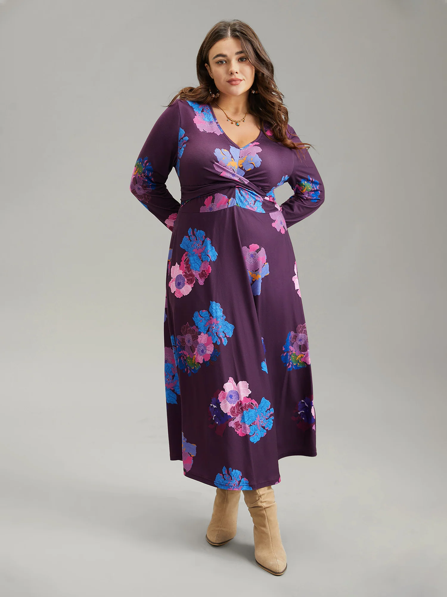 Floral Twist Front Elastic Waist Pleated Dress - Image 2
