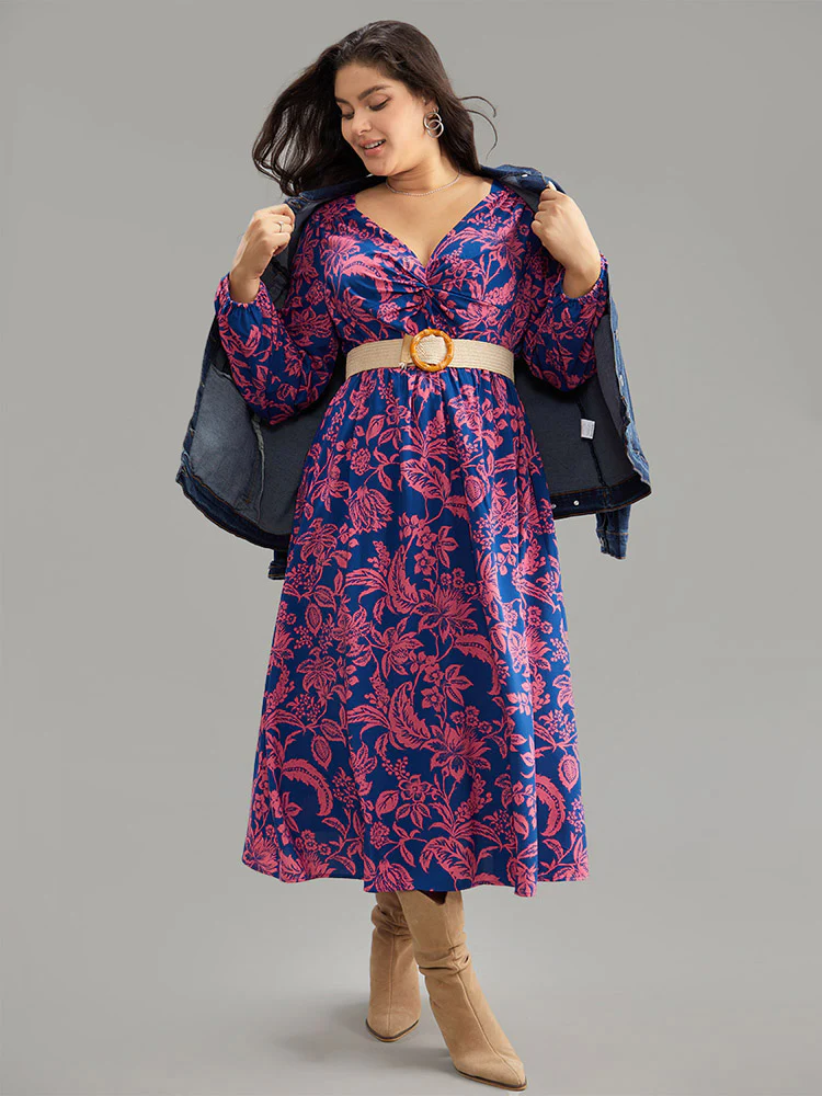Floral Twist Front Pocket Lantern Sleeve Dress - Image 2