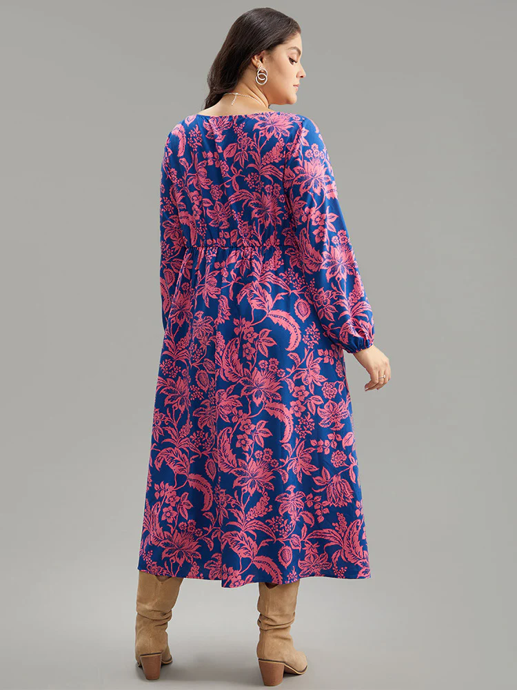 Floral Twist Front Pocket Lantern Sleeve Dress - Image 3